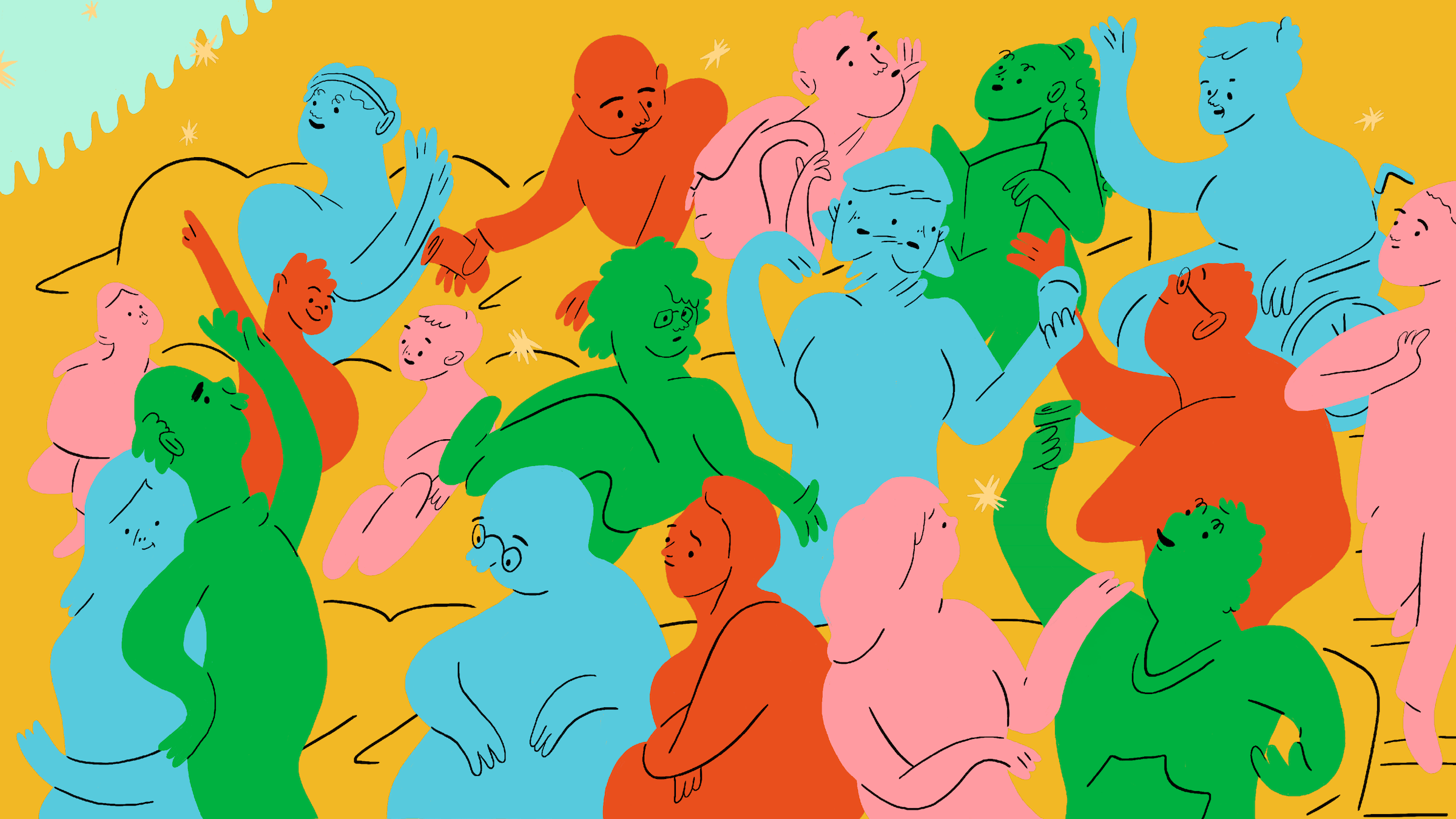Une illustration représentant 18 personnages colorés qui interagissent ensemble dans une salle de cinéma - Illustration de Rachel Samson pour Ensemble au cinéma