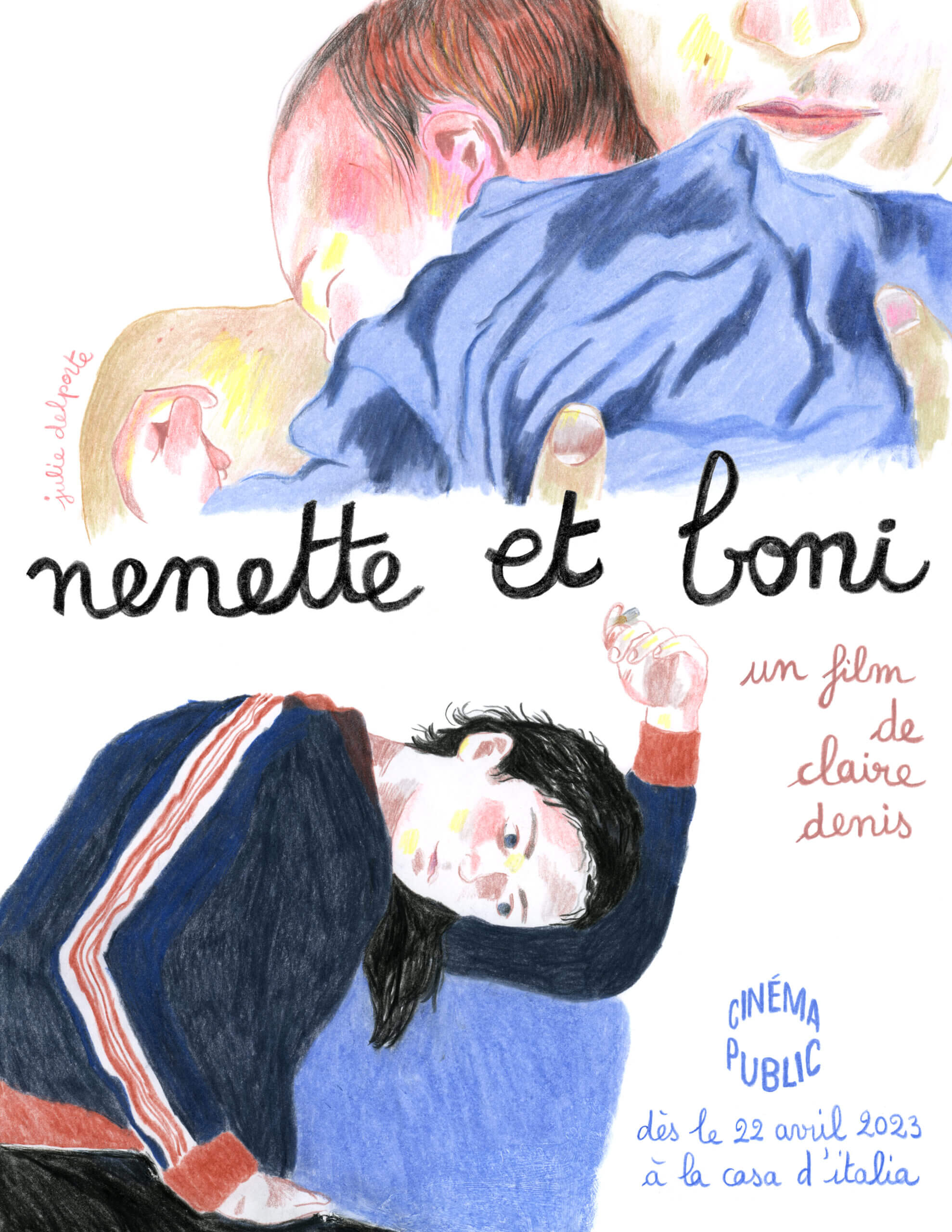 Affiche du film NENETTE ET BONI de Claire Denis dessinée par Julie Delporte pour le Cinéma Public