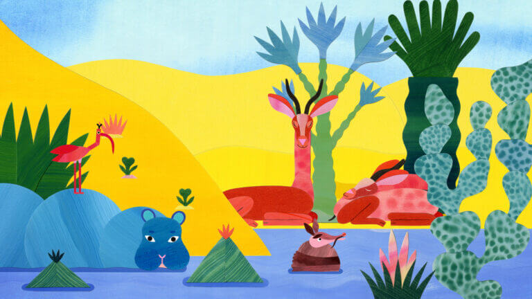 Un oasis et des animaux dans une scène du film Naissance des Oasis de Marion Jamault