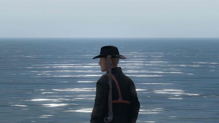 Un personnage fait face à un océan virtuel dans le film Knit's Island