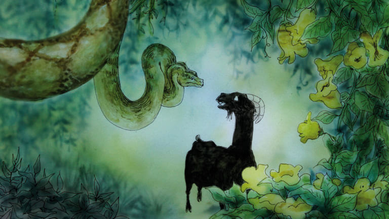 Face à face entre un serpent et un bouc dans une scène du film d'animation Colocation sauvage