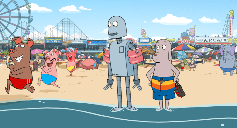 DOG et ROBOT à la plage dans une scène du film ROBOT DREAMS