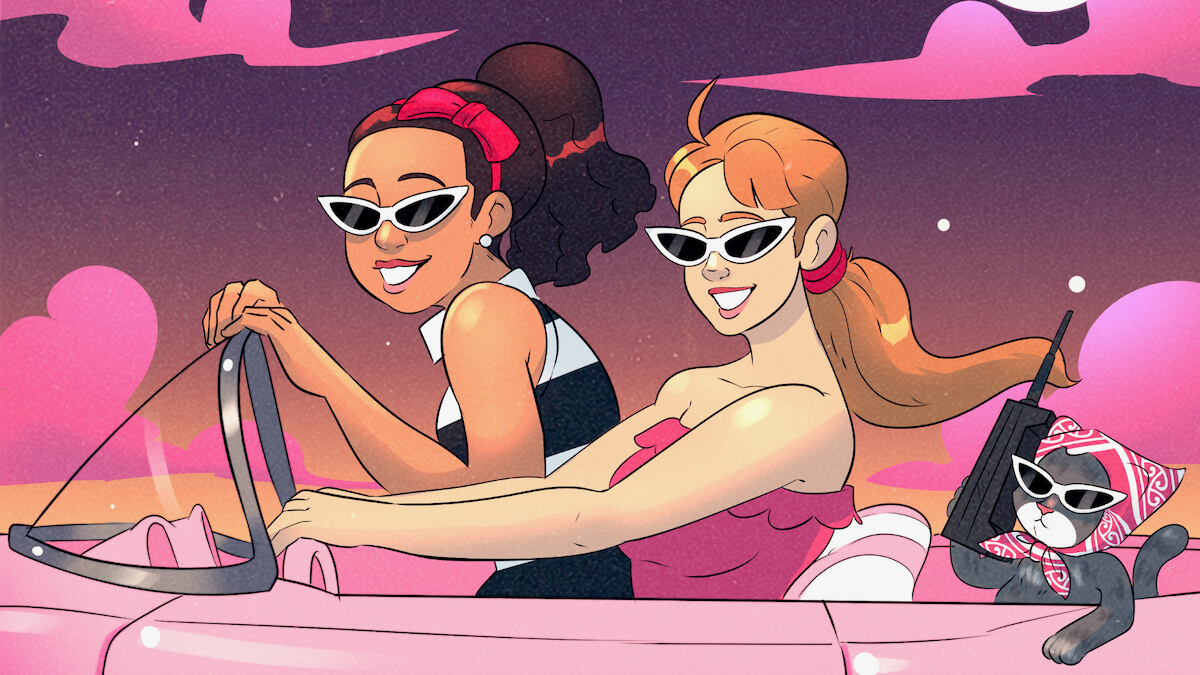 Une illustration représentant les illustratrices de Quiz MTL dans la voiture de Barbie