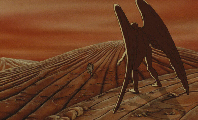 Dans un paysage désertique, un homunculus ailé, au premier plan, observe un astronaute au loin dans le film Les maîtres du temps.