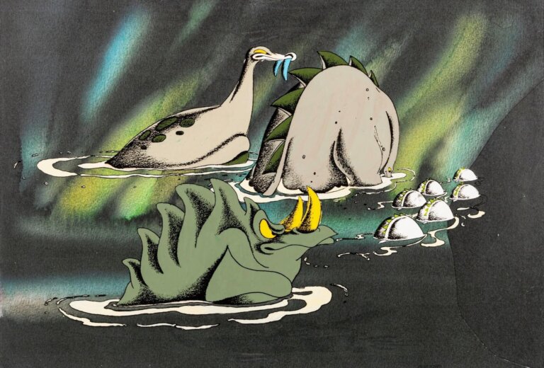 Des dinosaures nagent dans une scène du film d'animation Allegro Non Troppo.